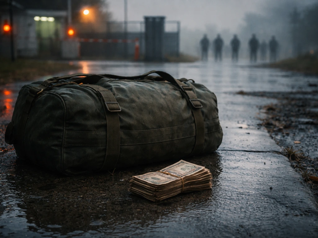 Rainy checkpoint sidewalk with a duffel bag and currency, distant blurred silhouettes, news-photo atmosphere.