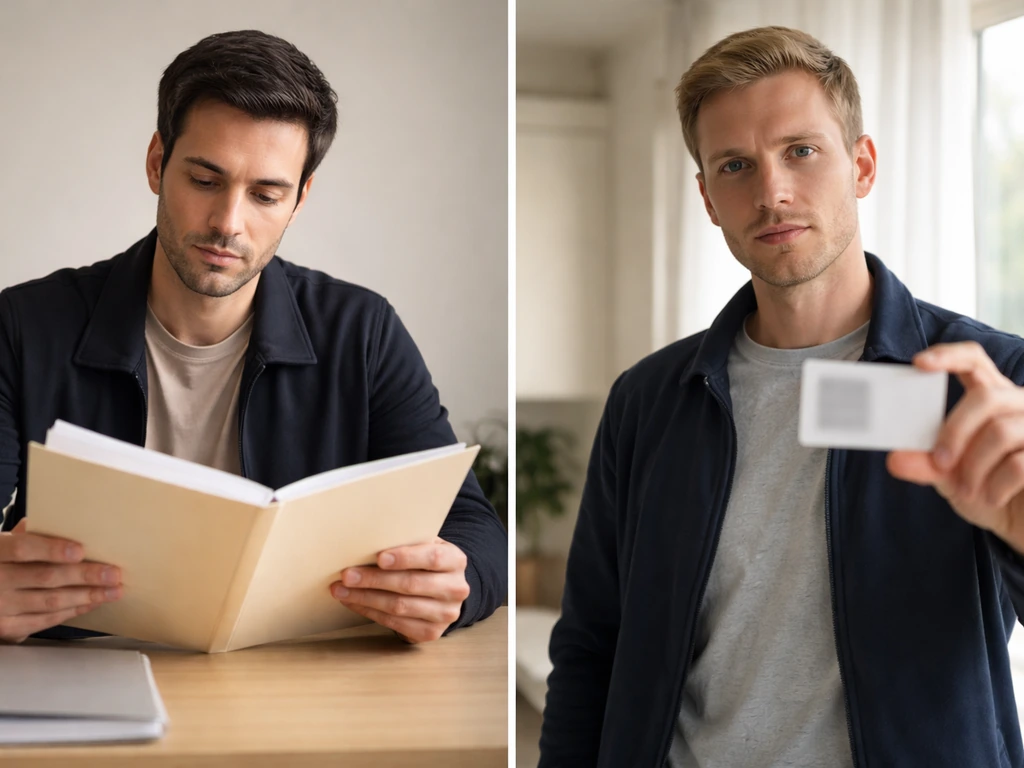 Two anonymous men in separate frames holding documents, symbolizing confirming the right person