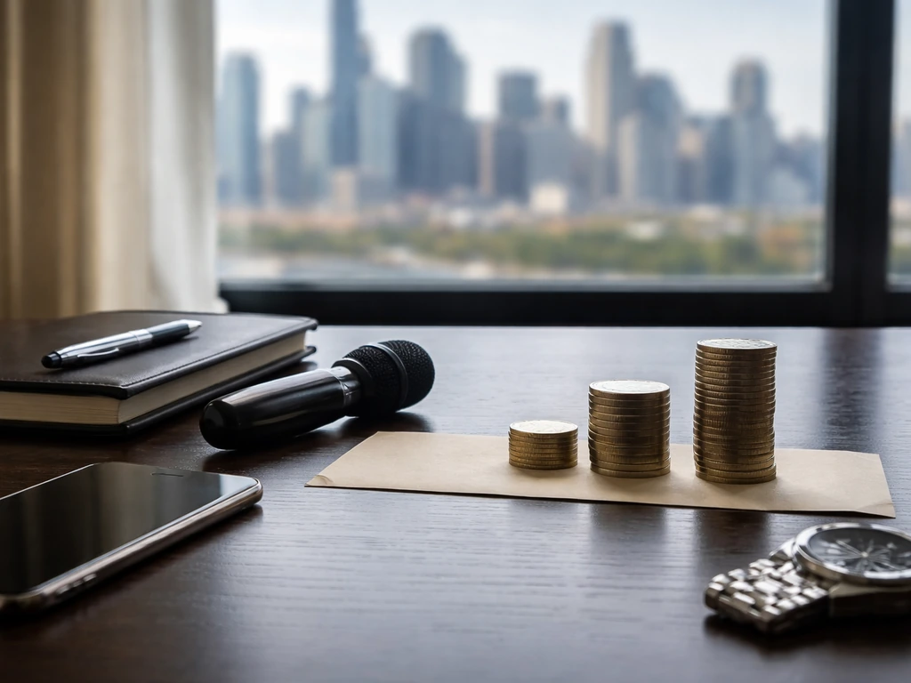 Minimal desk scene with money symbolism and media tools, representing a low-to-high April 2026 range.