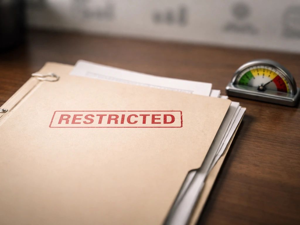 Close-up of an official dossier with a restricted stamp and a blurred business desk setting suggesting shifting sanction