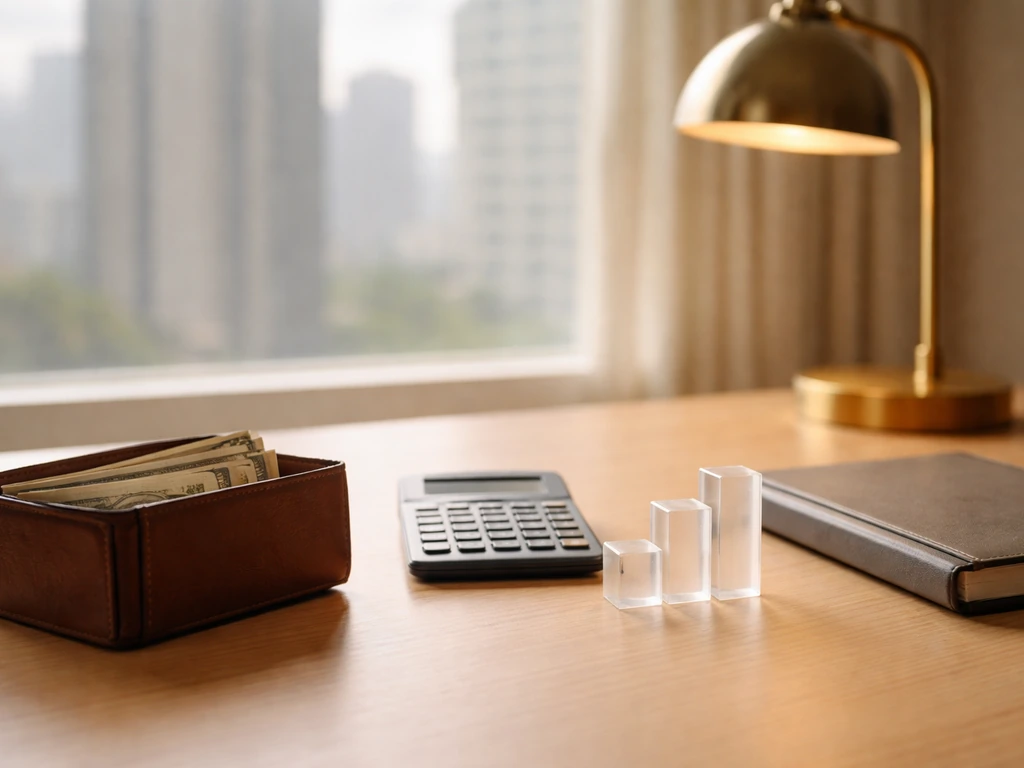 Minimal desk scene with calculator, wallet, and three different-height blocks symbolizing a low-to-high net worth range.