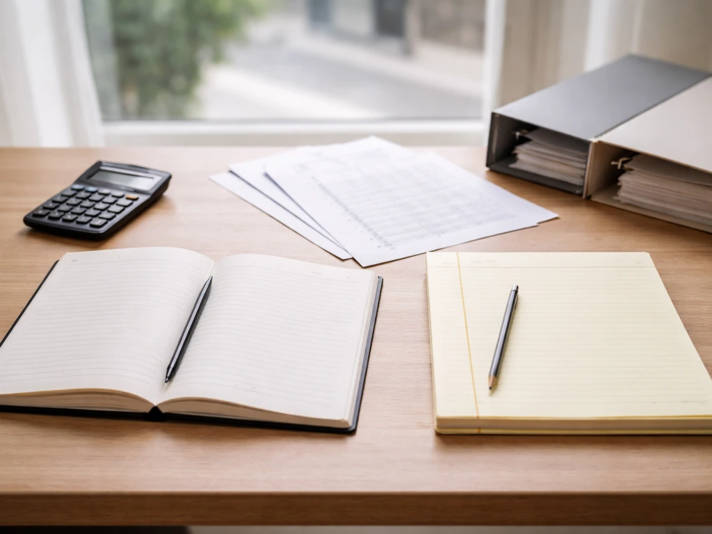 Minimal desk scene with calculator, notebook, and stacked papers suggesting a net worth build process