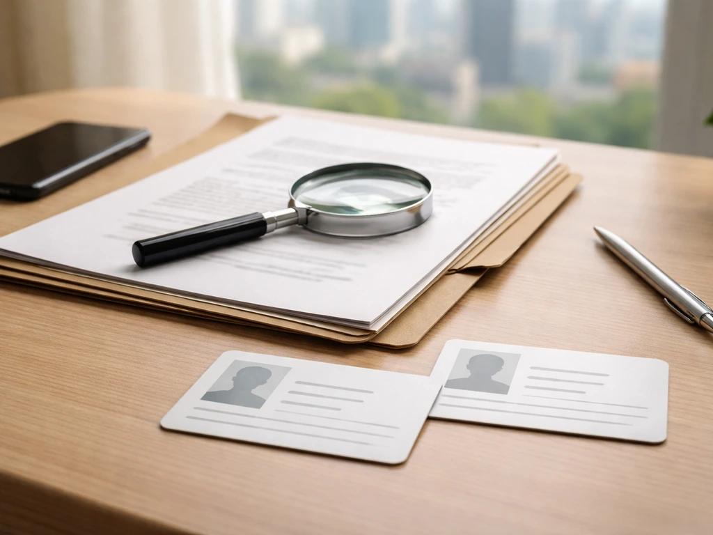 Minimal desk scene with two mismatched identity cards and a magnifying glass over documents to suggest name disambiguati