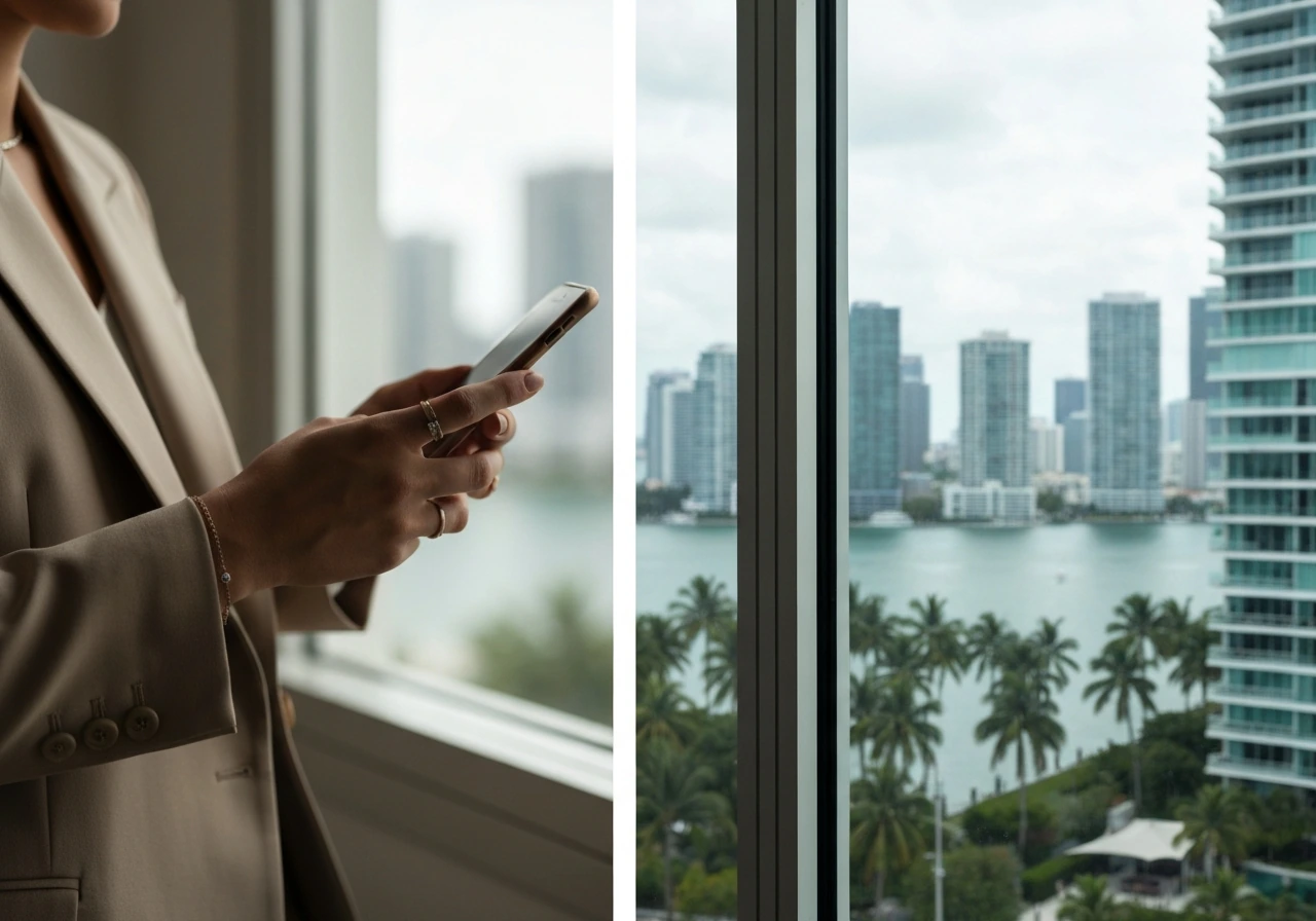 Elegant hand with smartphone beside a softly blurred Miami skyline hint of real-estate wealth.