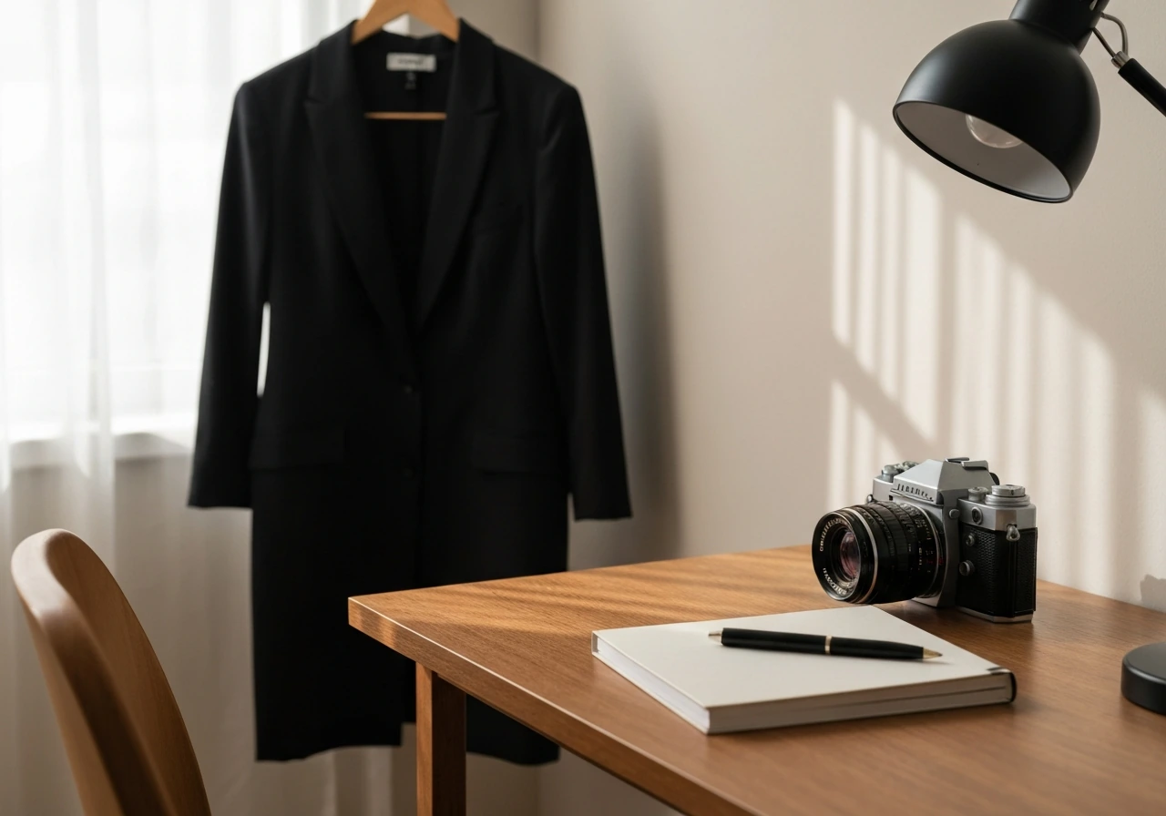 Minimal fashion media workspace with a camera and draped garment in soft natural light