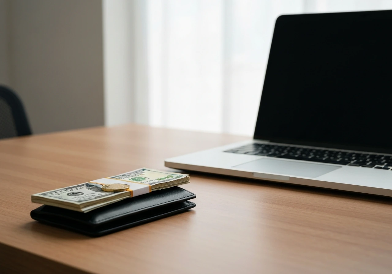 Minimal office desk with wallet, cash, and a gold coin symbolizing a net-worth range concept.