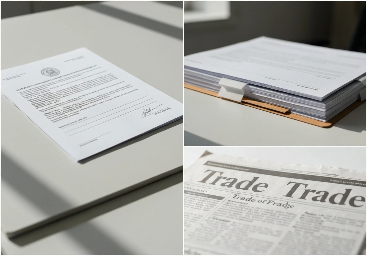 Close-up of real estate documents, corporate paperwork, and a trade newspaper page on a desk.