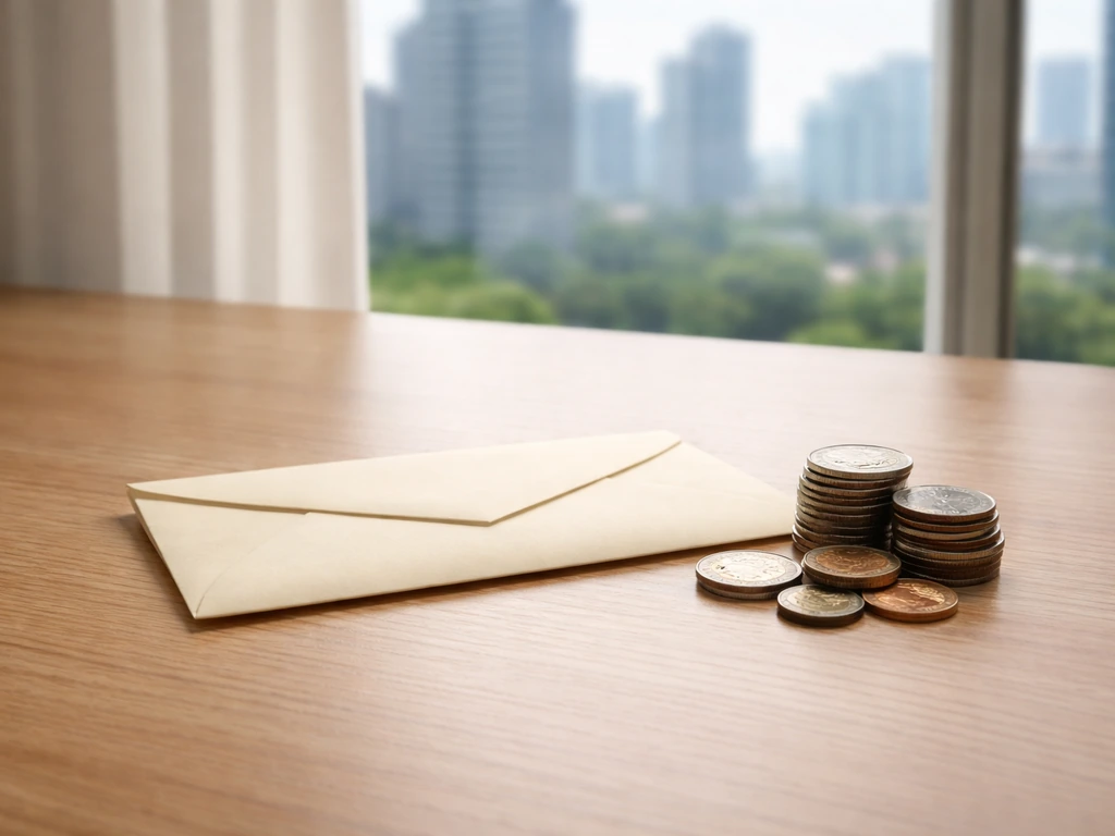 Minimal desk scene with a single cash envelope and neatly stacked coins, symbolizing an estimated net worth range.