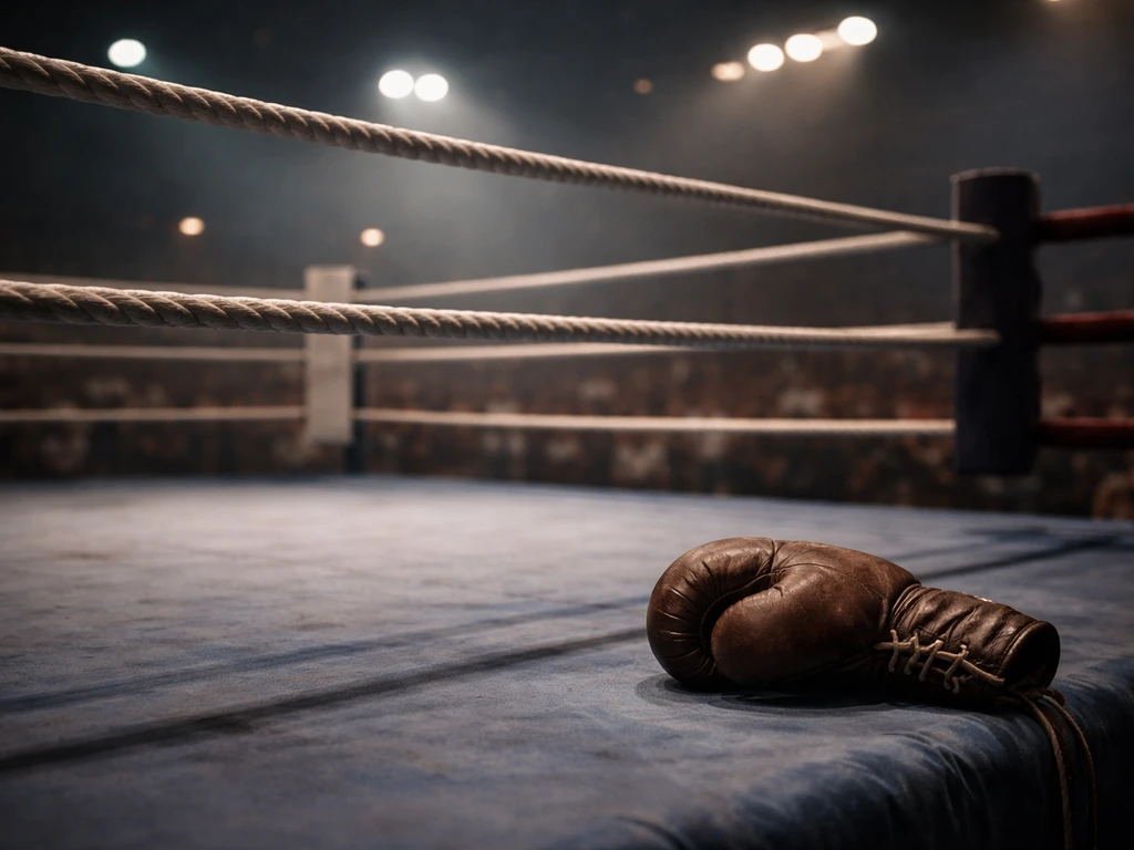 Empty boxing ring with ropes and a leather glove on the canvas, blurred arena lights behind.
