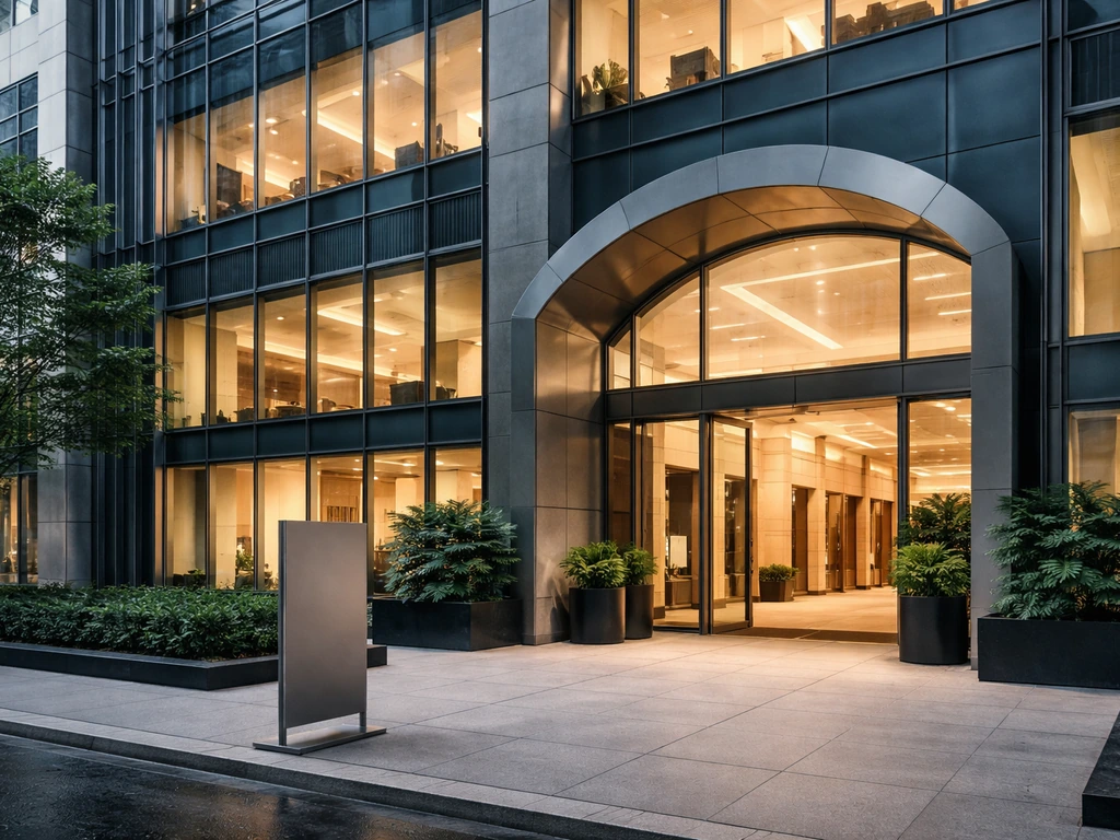 Modern office exterior with a minimalist, glass-and-steel feel representing Klitschko Ventures investment headquarters.