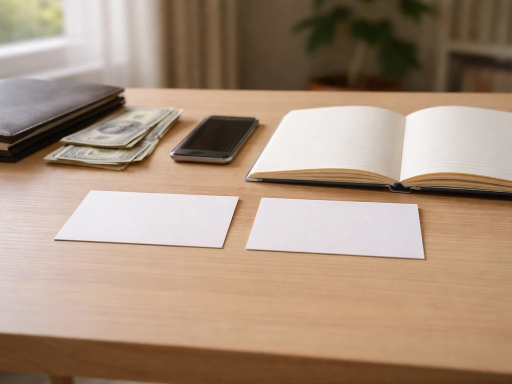 Minimal desk scene with blank notebooks and index cards next to money and a smartphone, implying estimate comparison.