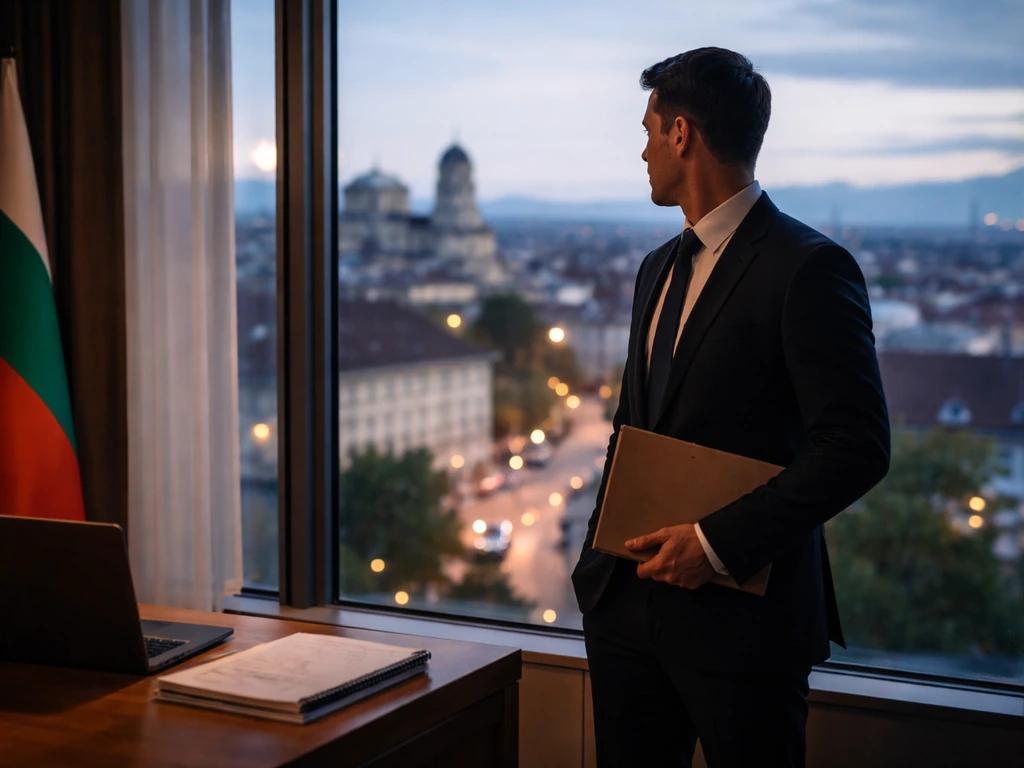 Anonymous Bulgarian politician-like figure in a modern Sofia city office, suggesting public role without a recognizable
