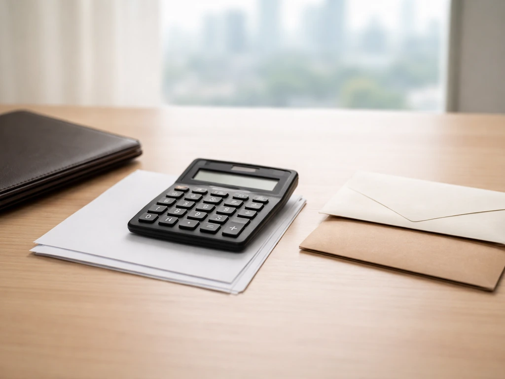Minimal desk scene with a calculator and envelope, symbolizing assets minus liabilities net worth calculation