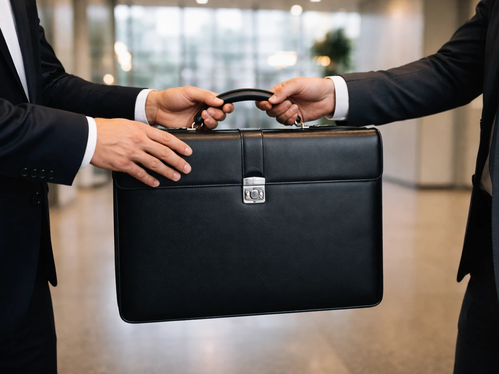 Minimal photo of hands exchanging a briefcase in a modern office lobby symbolizing a major software acquisition
