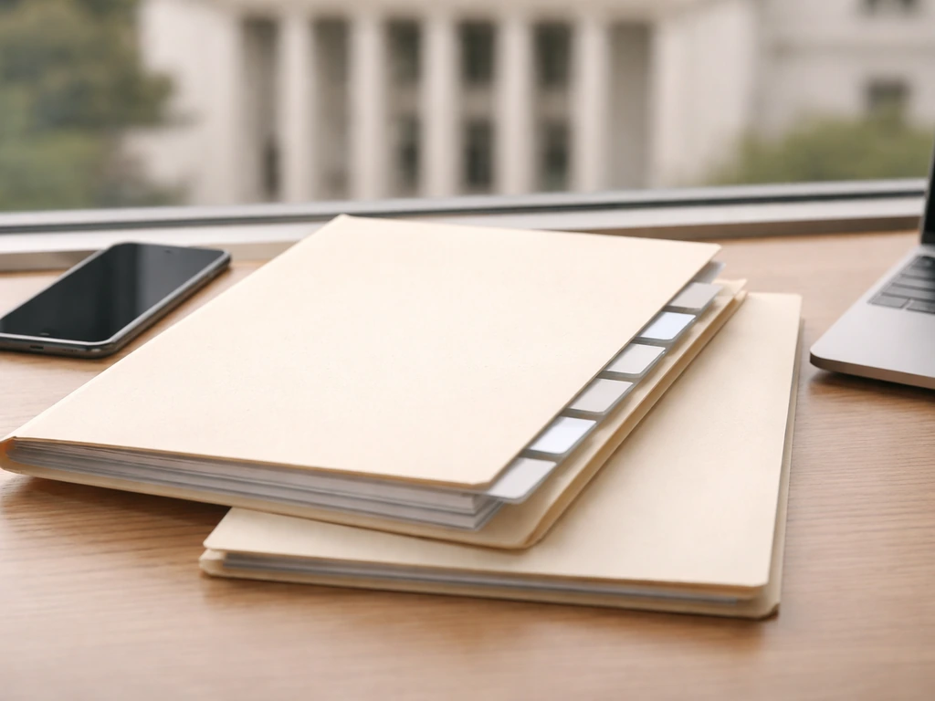 Close-up of documents, phone, and laptop on a desk suggesting verification of asset declarations.