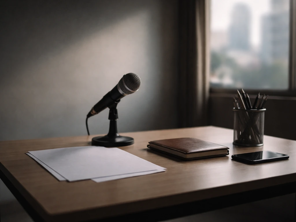 Minimal photo of a cluttered desk with a microphone and documents, evoking media and public-profile analysis
