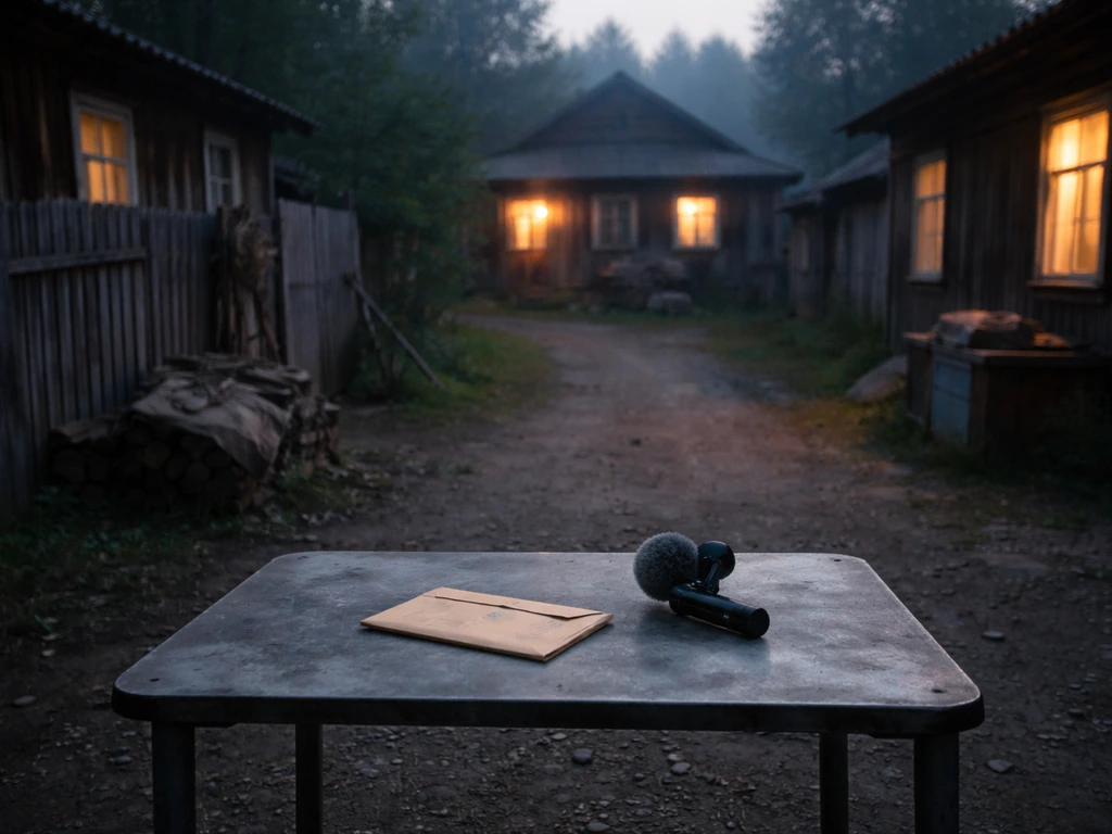 Empty Siberian communal courtyard with a small microphone and cash envelope on a metal table