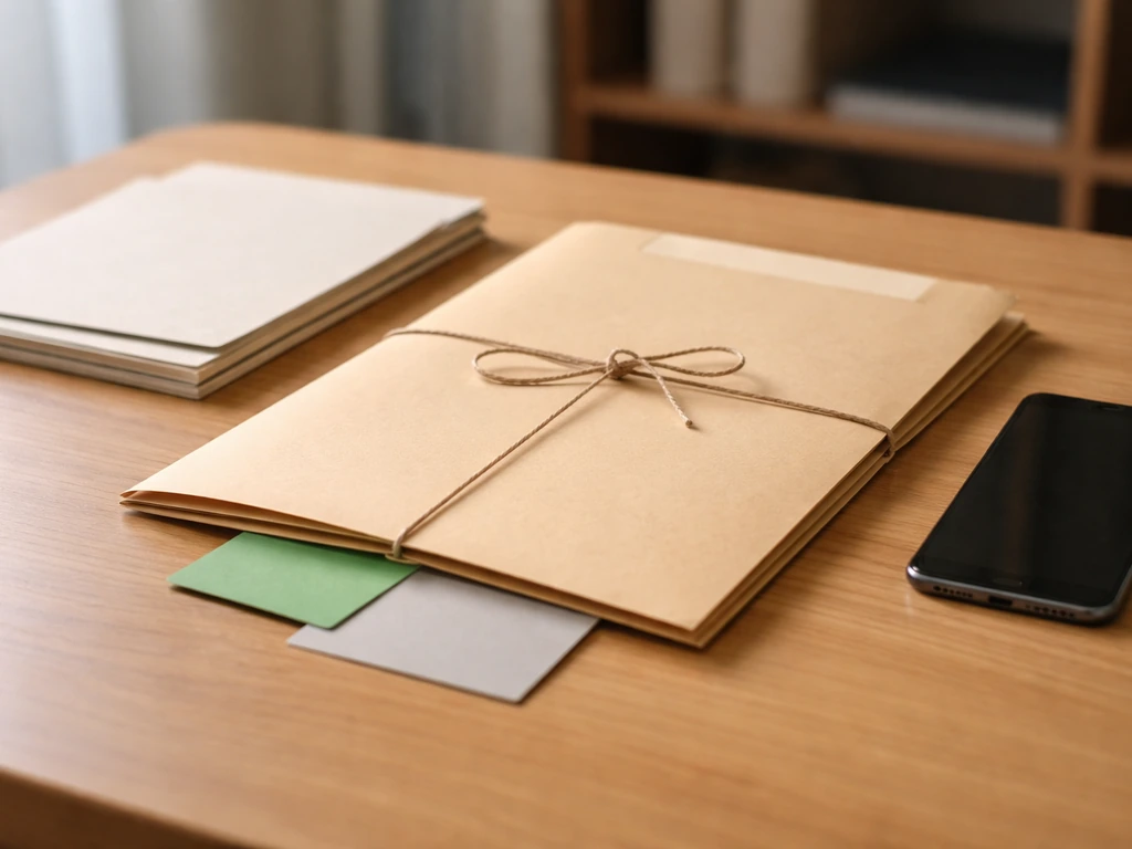 Minimal desk scene with a sealed evidence folder and a smartphone, suggesting verified vs claimed information.