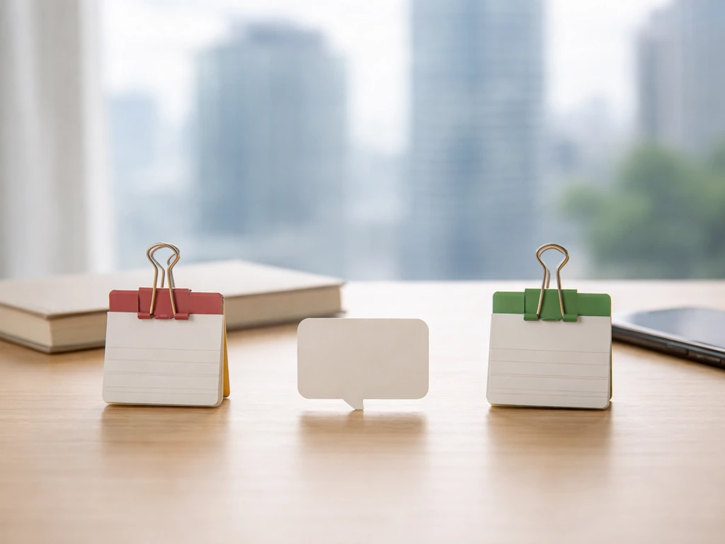 Minimal desk scene with two color-accented cards and a blank callout implying missing methodology.