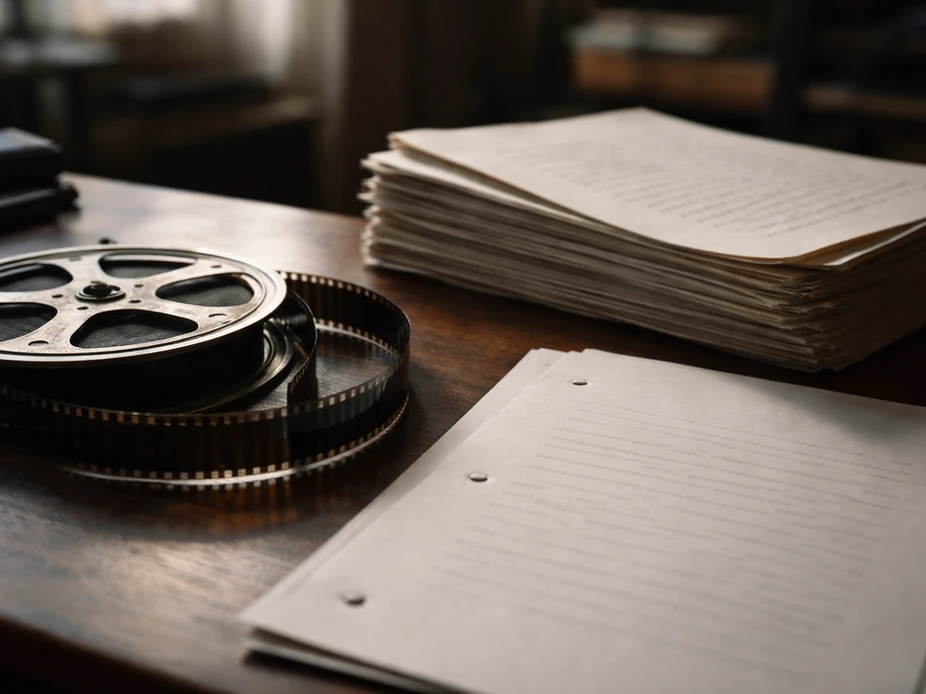 Film reel and blank screenplay and translation manuscript pages on a desk, symbolizing rights monetization.