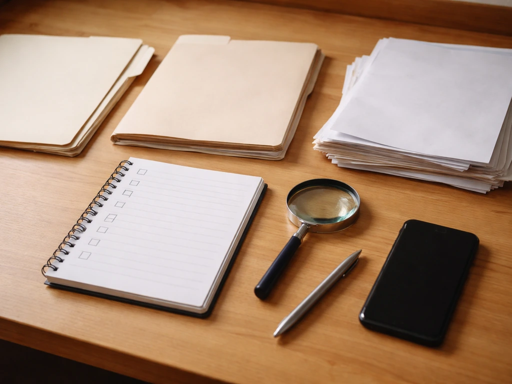 Minimal desk scene with a notebook checklist and two contrasting document folders symbolizing credible vs vague sources.