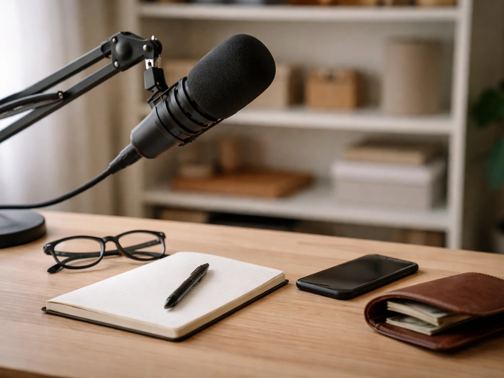 Minimal studio scene with a desk microphone and scattered papers suggesting media and finance research