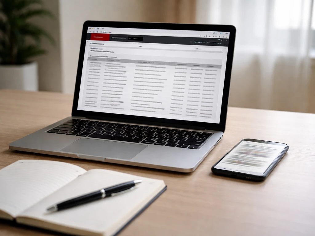 Minimal office desk with a laptop open to finance research and a blurred smartphone showing market headlines
