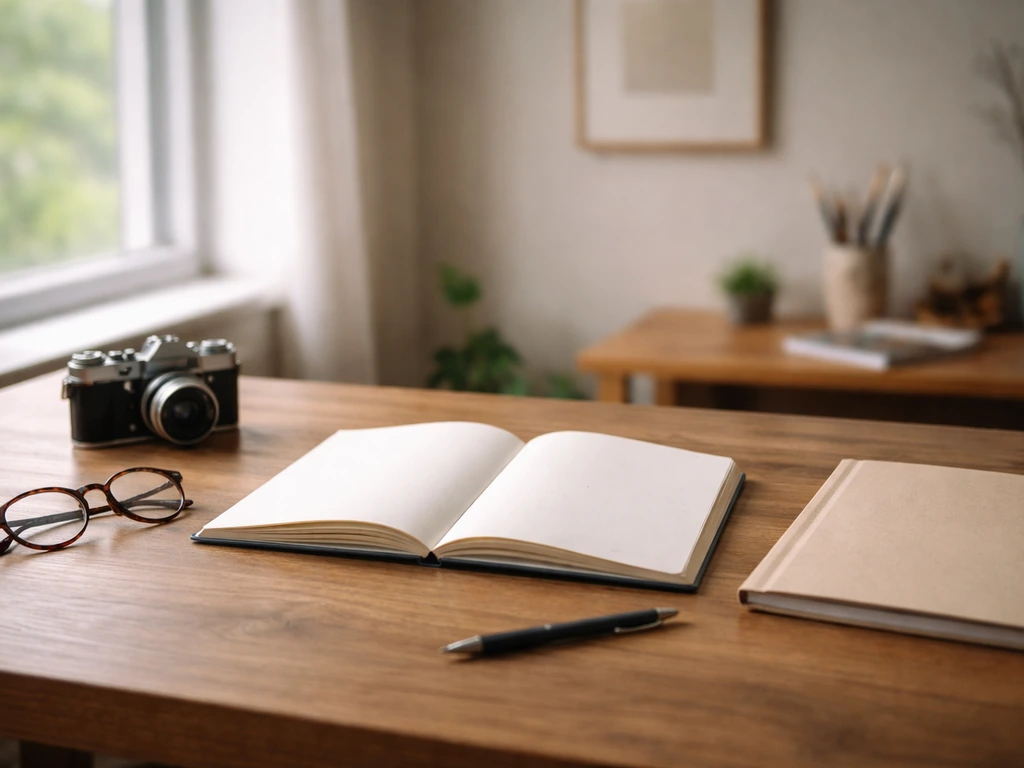 Minimal photo of a studio desk with a camera and neatly arranged papers symbolizing a career timeline