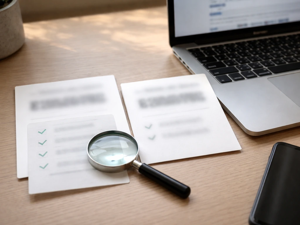 Desk scene with two conflicting blurred money-number mockups and a checklist overlay beside papers.