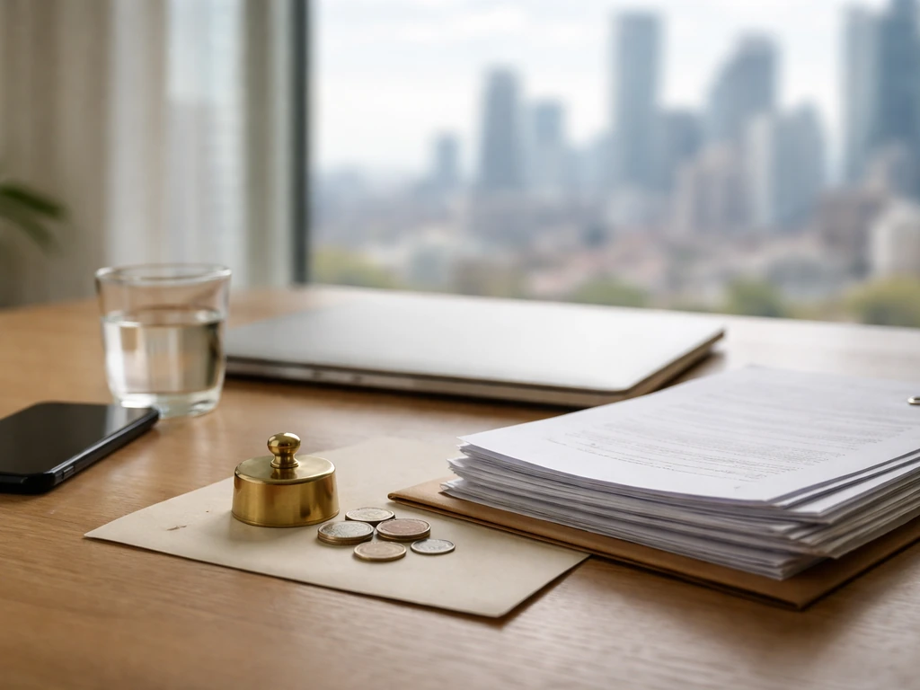 Minimal finance desk scene with documents, coins, and business ambience suggesting net worth estimate inputs.