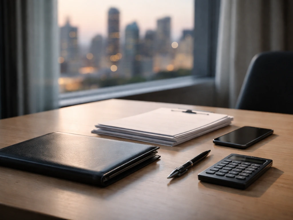 Minimal executive desk with documents and office tools, city skyline blurred in background, symbolizing net-worth breakd