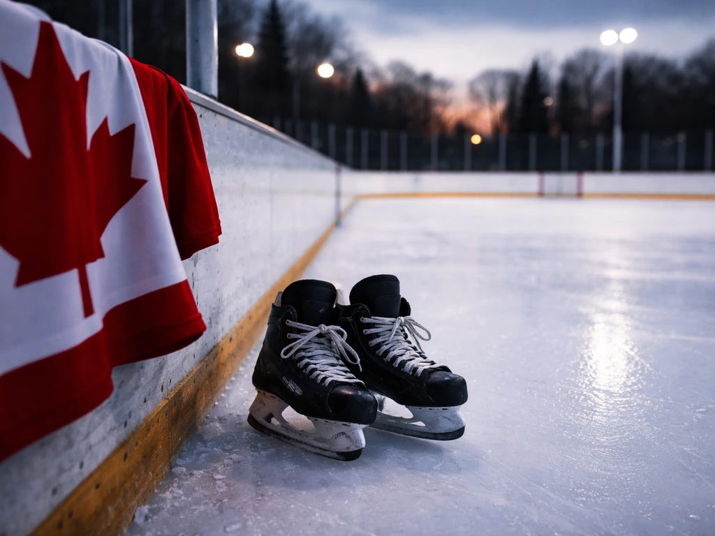 Worn hockey skates by the rink boards with a subtle maple-leaf jersey motif, symbolizing NHL wealth analysis.