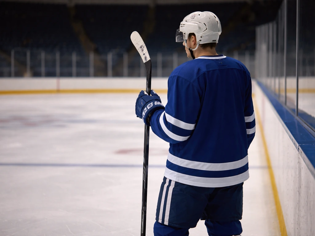 Czech former NHL defenseman look: empty hockey rink with a lone player holding a stick in a Maple Leafs-style jersey