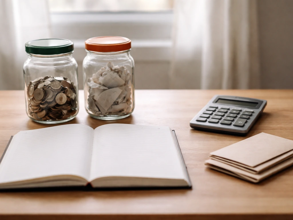 Minimal desk scene with ledger, coins, and receipts symbolizing assets minus liabilities.