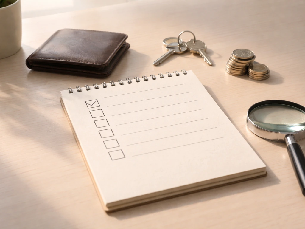 Minimal desk scene with a checklist-style notepad, magnifying glass, and small money and property symbols