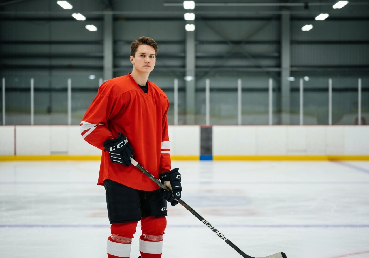 Anonymous hockey player in red-and-white gear on an indoor ice rink, minimal and focused.