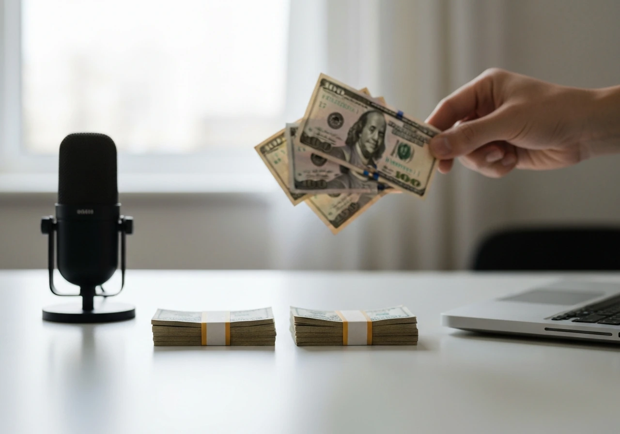 Cash and a microphone on a desk, evoking comparing reported wealth figures without any text.