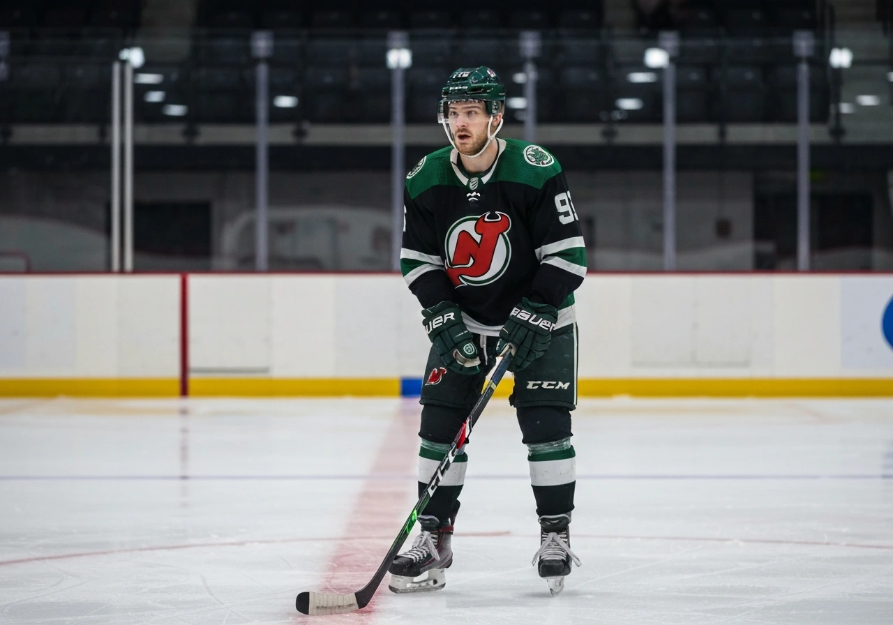 Ice hockey player in New Jersey Devils-style gear on an indoor rink, focused and ready.