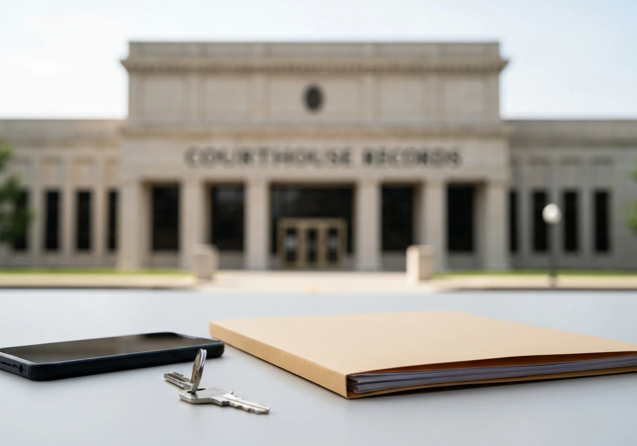 Minimal courthouse exterior with a blurred folder, smartphone, and key on a desk, symbolizing property records.