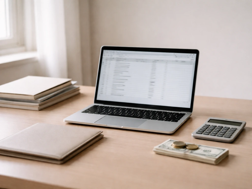Minimal desk scene with laptop showing generic finance spreadsheet, folders, and cash-like props for net worth research.