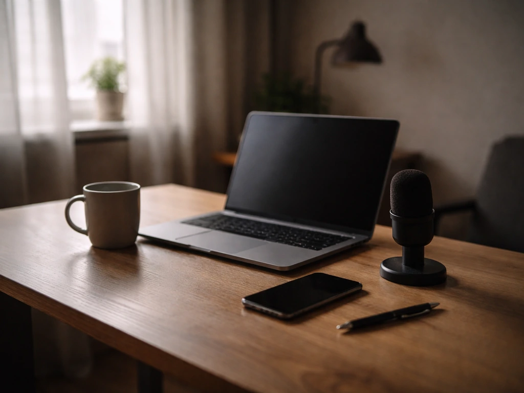 Minimal photo of a desk setup with a laptop and smartphone, suggesting online entrepreneurship and media presence.