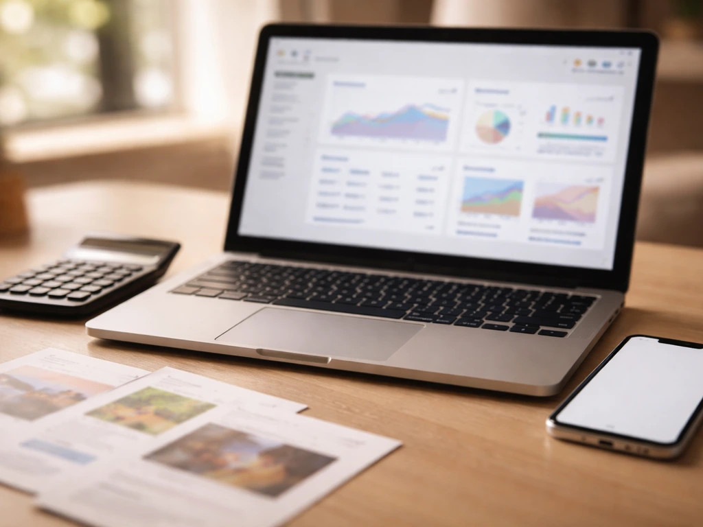 Close-up of a laptop showing blurred ad campaign and analytics panels beside a calculator and notes