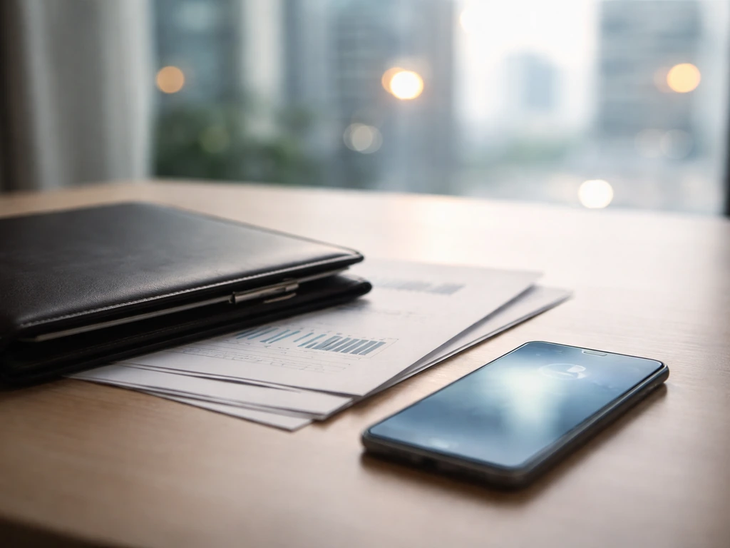 Minimal office scene with finance documents and a smartphone suggesting a real-time net worth snapshot