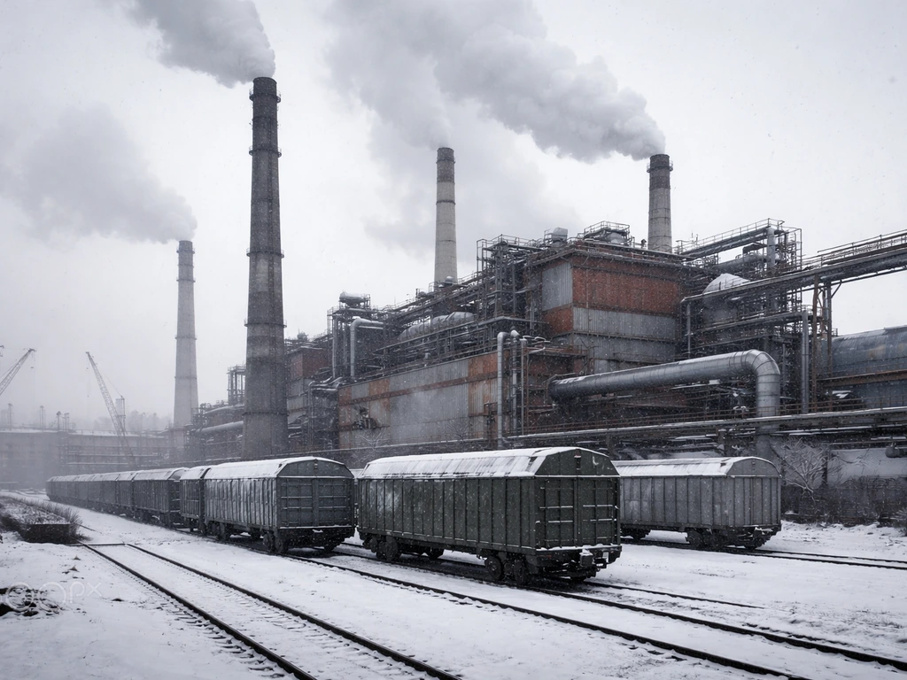 Cold industrial facility with smelter stacks and freight traffic suggesting Russian steel and nickel wealth