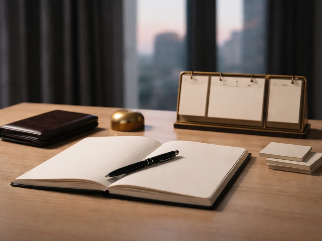 Minimal desk scene with blank notebook, pen, wallet, and a blurred calendar symbolizing a financial timeline.
