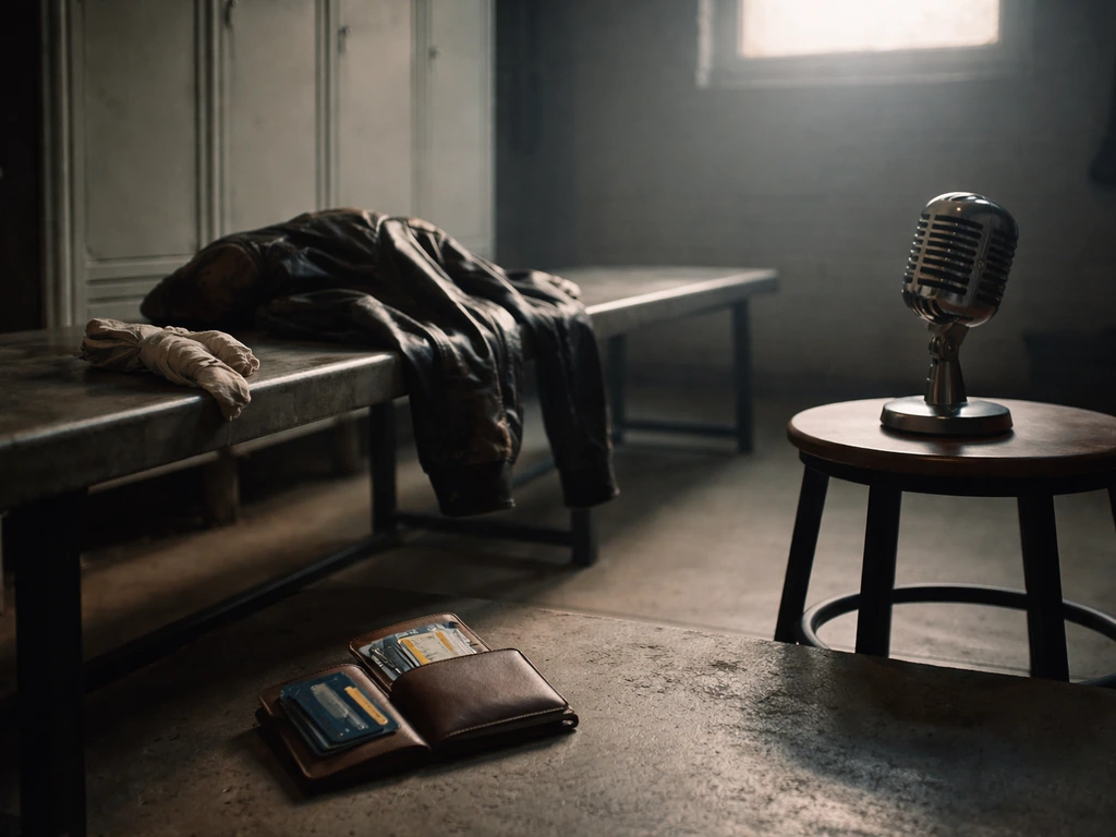 Money and media theme: a wrestling-style locker-room bench with a microphone and credit cards, suggesting net worth anal