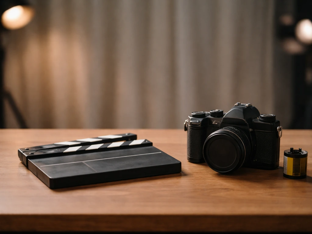 Cinematic film director tools on a wooden desk with a blurred movie set in the background