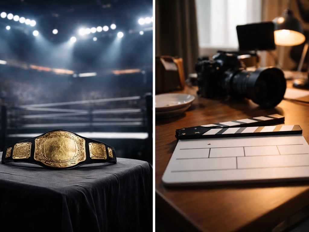 Empty wrestling ring-side belt and a film-set desk with camera, symbolizing WWE-era and acting-career income.