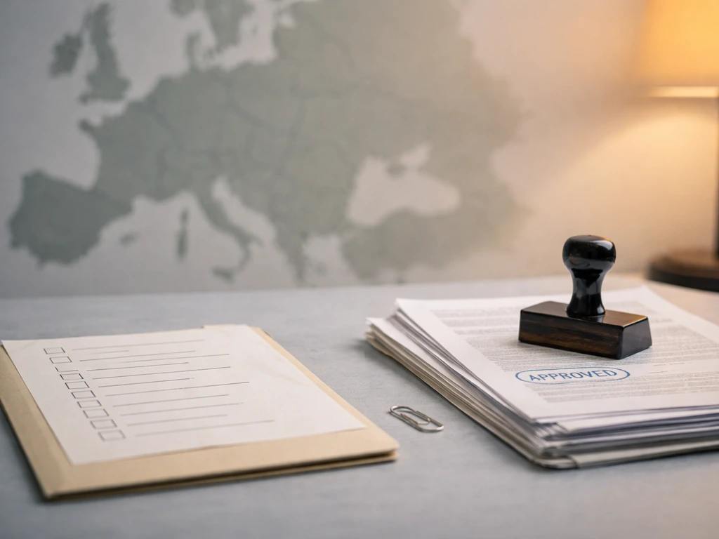 Minimal tabletop scene with muted Eastern Europe map backdrop and a legal/records checklist motif.