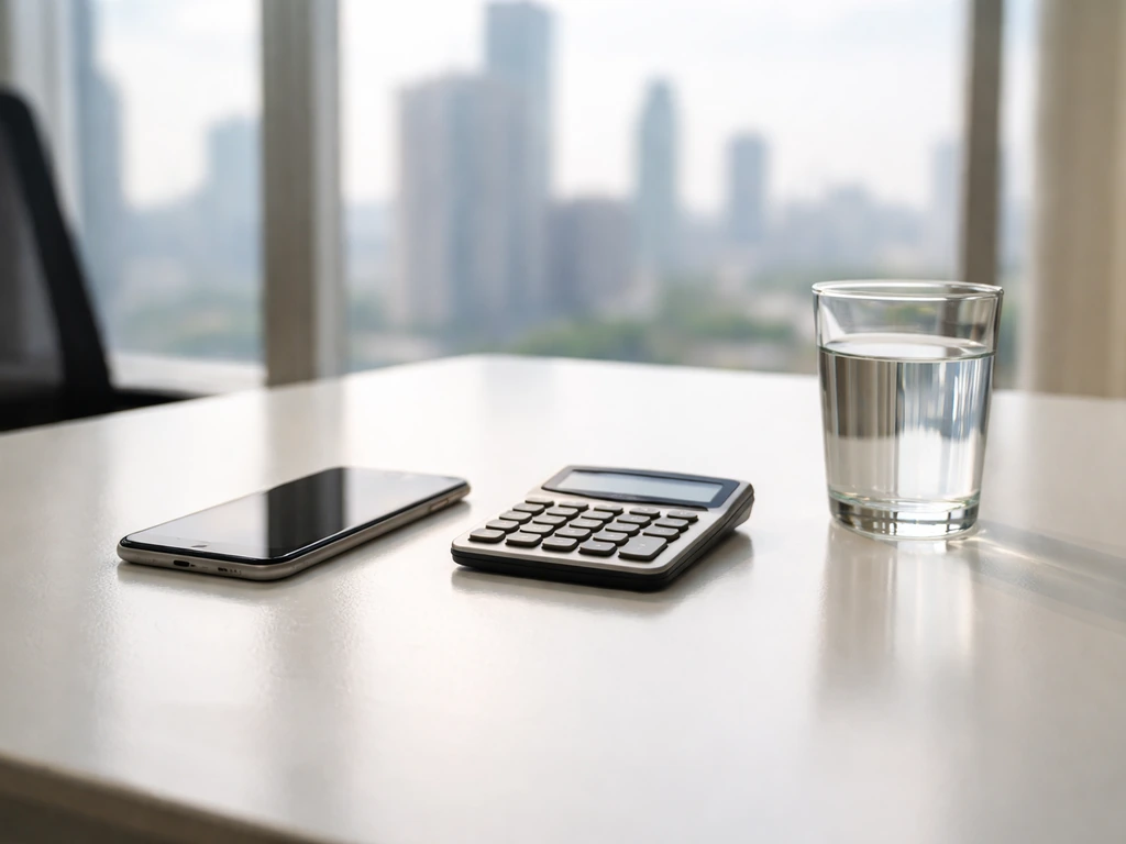 Warm office scene with a smartphone, calculator, and blurred city skyline symbolizing wealth analysis